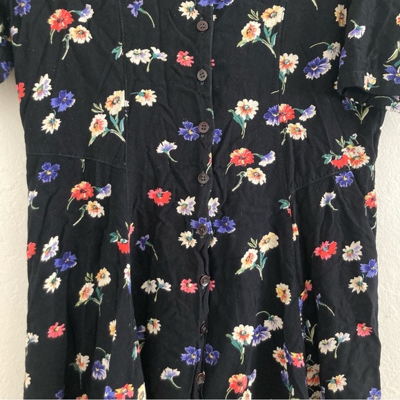 Vintage Dark Floral Maxi Shirt Dress Button Down Whimsical Bloomcore Tie Waist - Picture 5 of 12